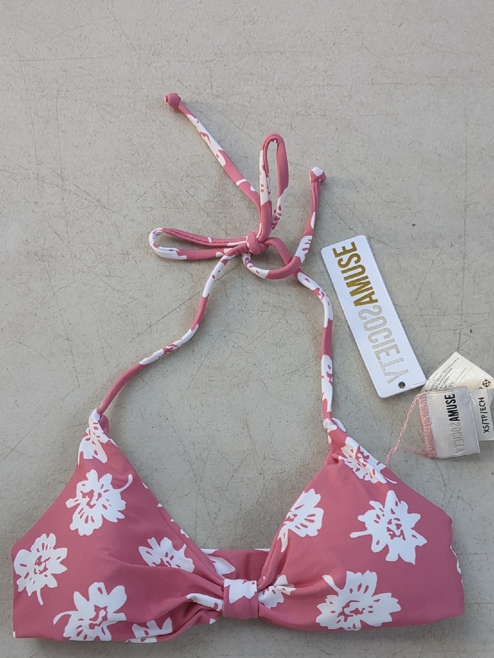 Amuse Society Pink & White Floral Tie-Halter Bikini Top